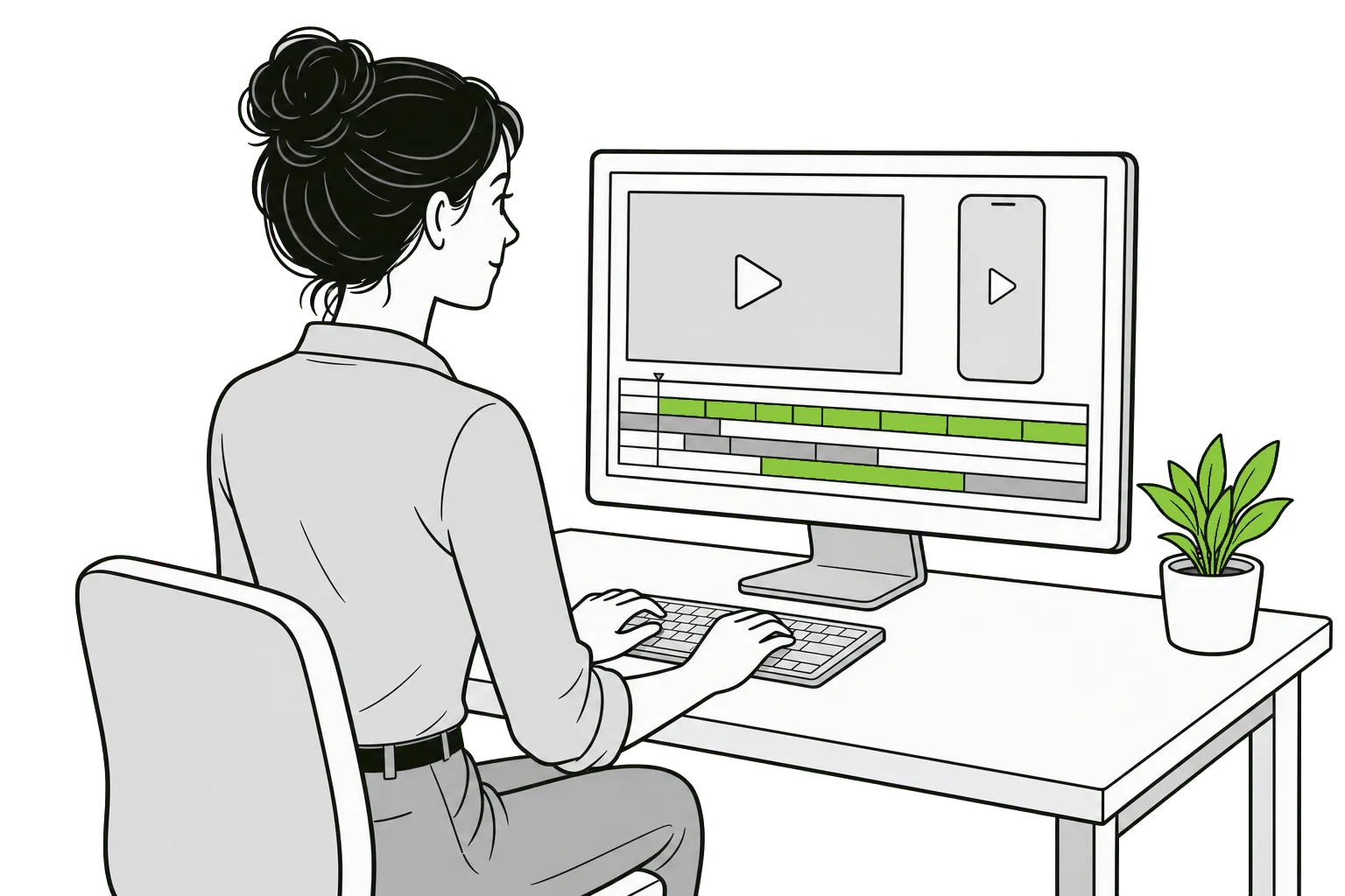 Illustration of a woman at her keyboard editing a video ad, with wide and phone-sized versions on her monitor