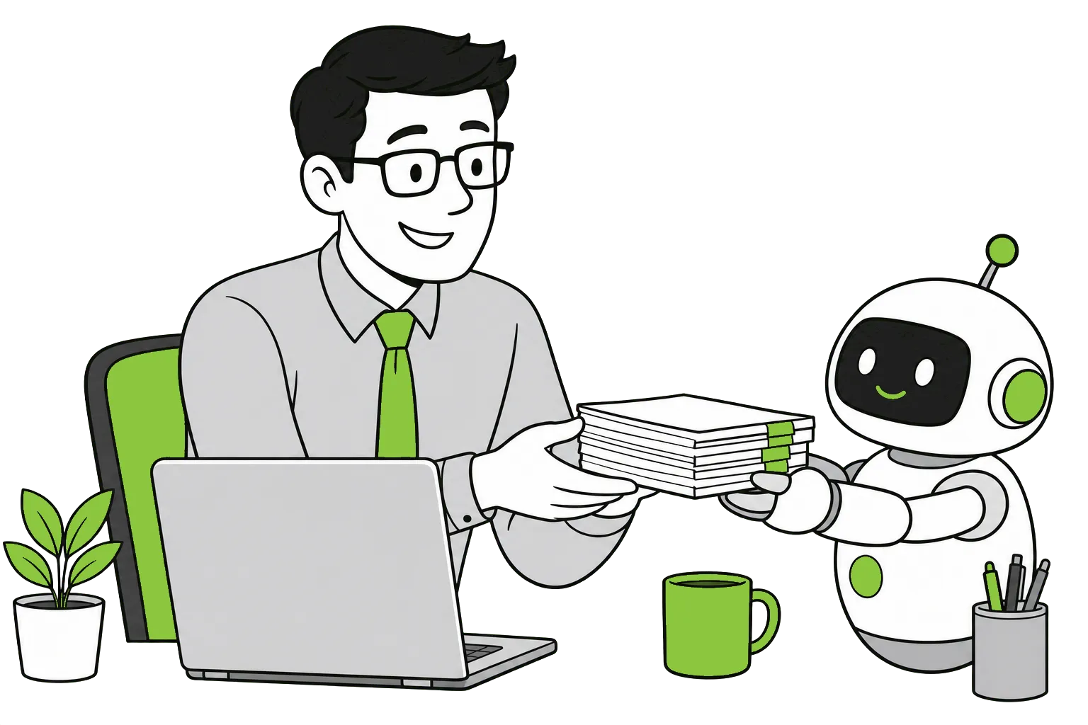 Illustration of a friendly robot assistant handing sorted papers to an office worker