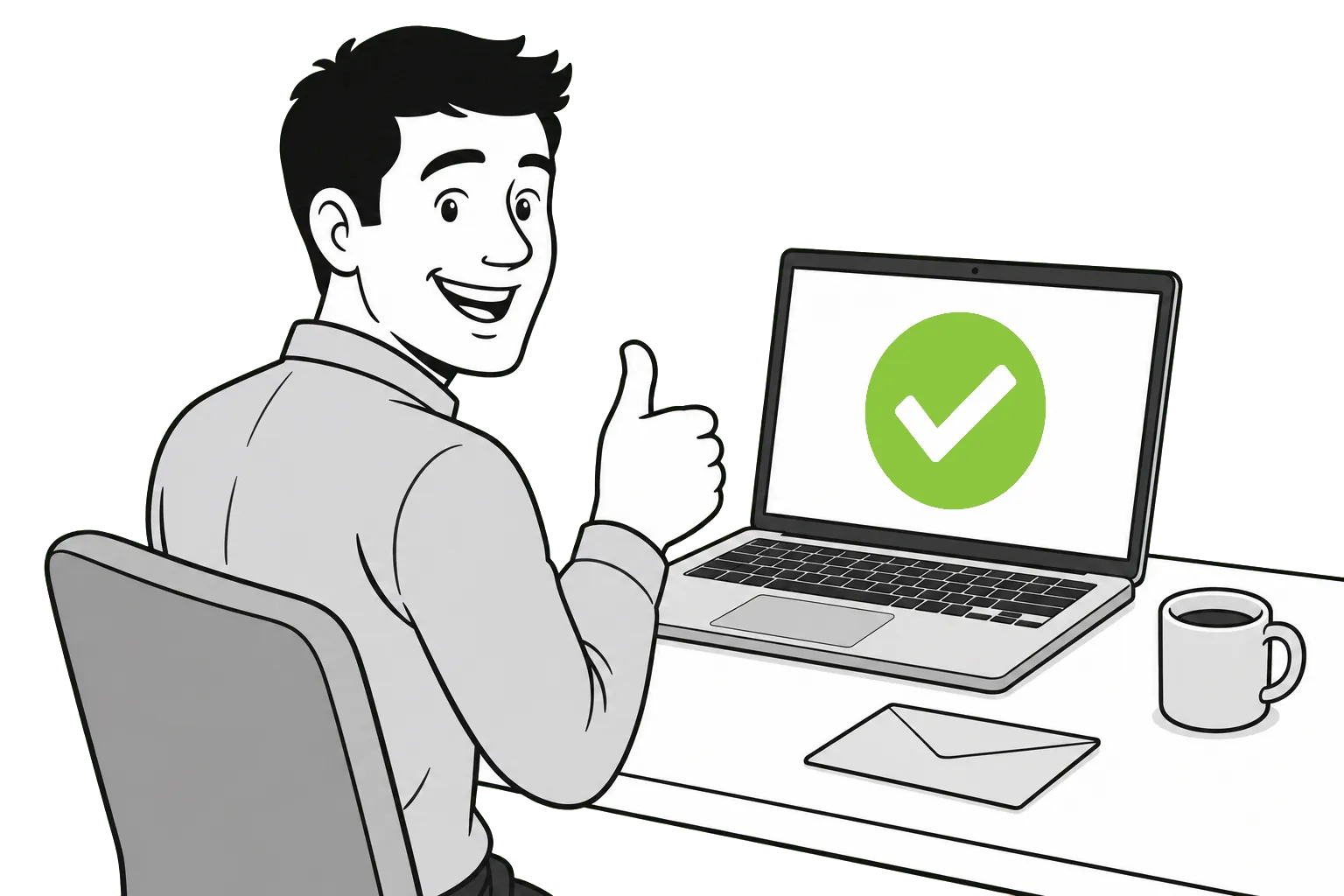 Illustration of a man giving a thumbs-up beside a laptop showing a green check mark