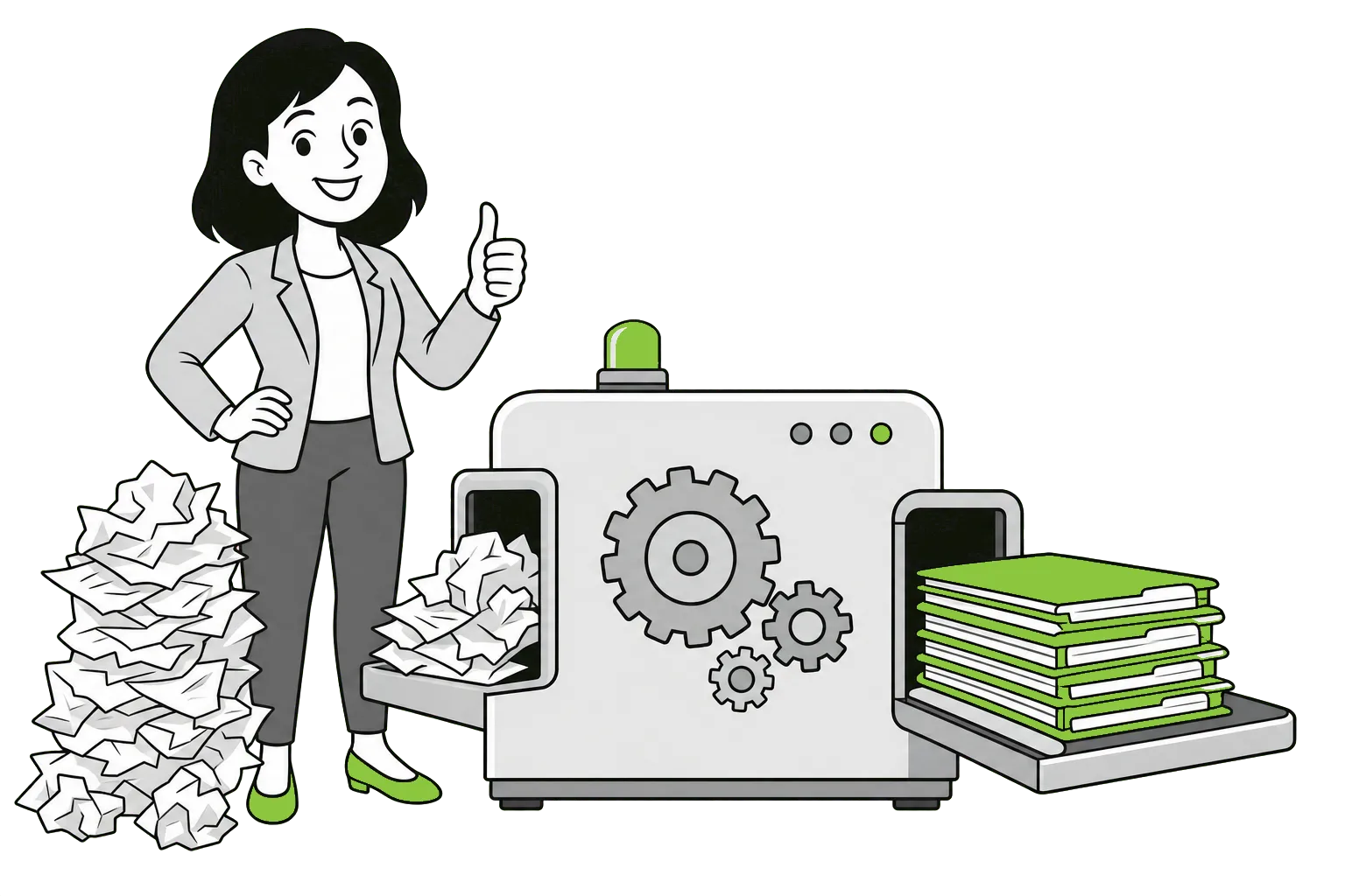 Illustration of a machine turning messy paperwork into neatly organized folders