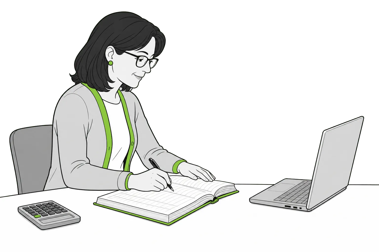 Illustration of a bookkeeper writing in a ledger beside a laptop
