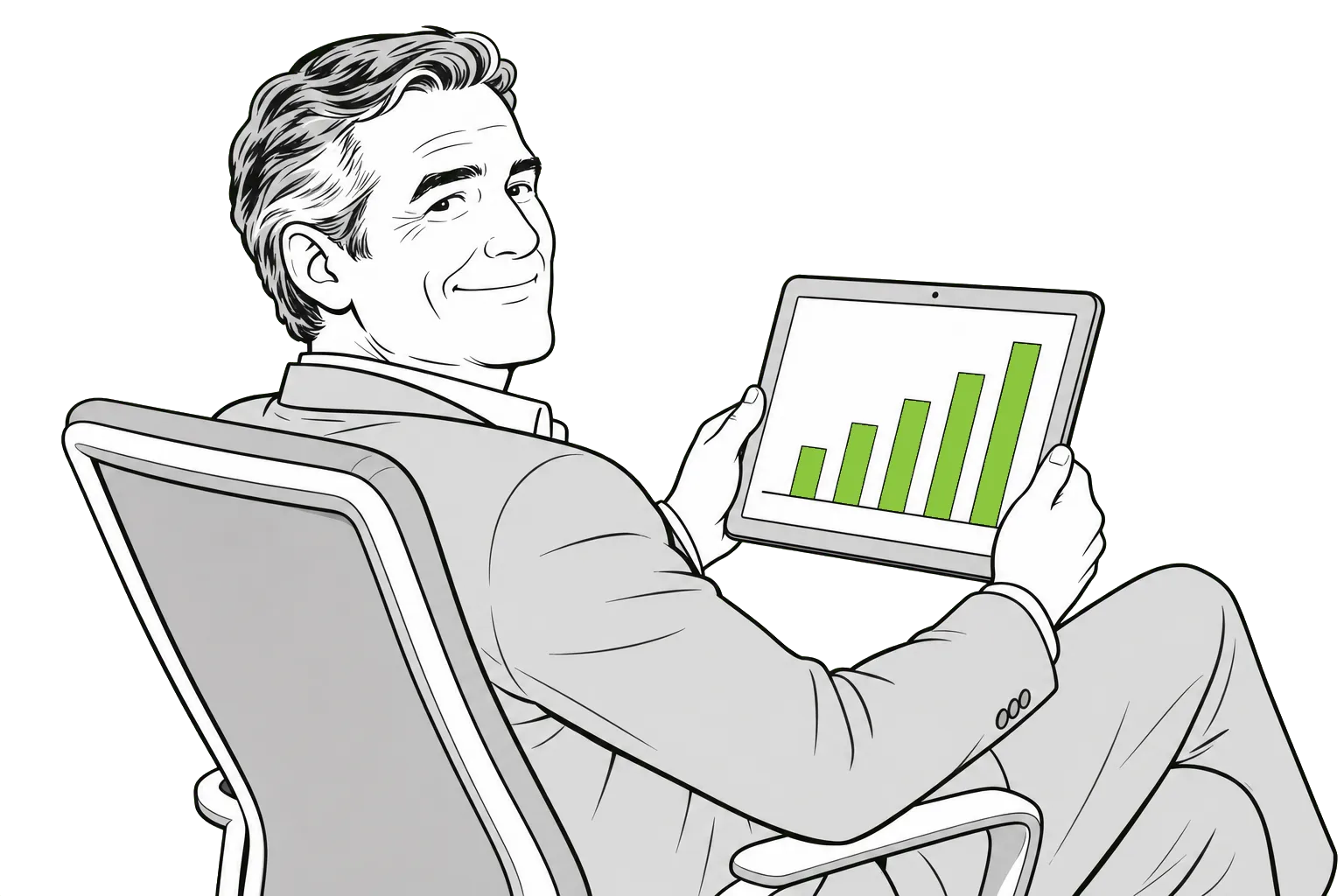 Illustration of a business owner relaxing while reviewing results on a tablet