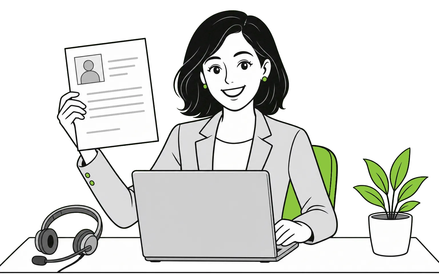 Illustration of a smiling woman at her desk holding up her resume