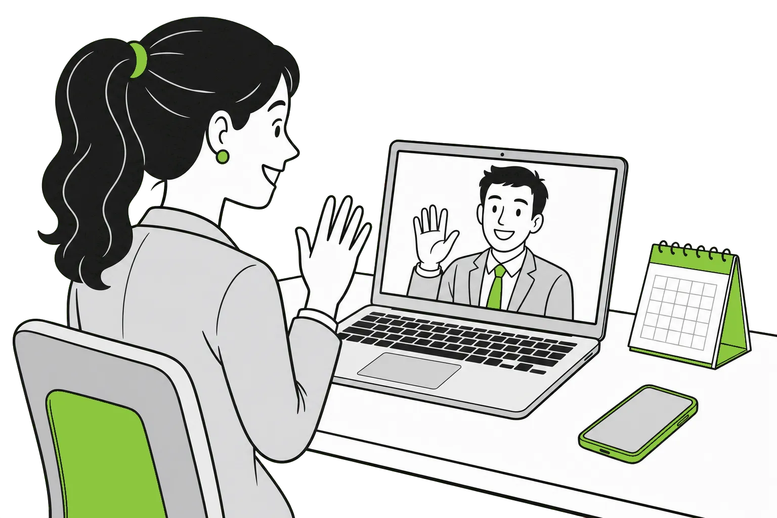 Illustration of a woman waving hello on a video call