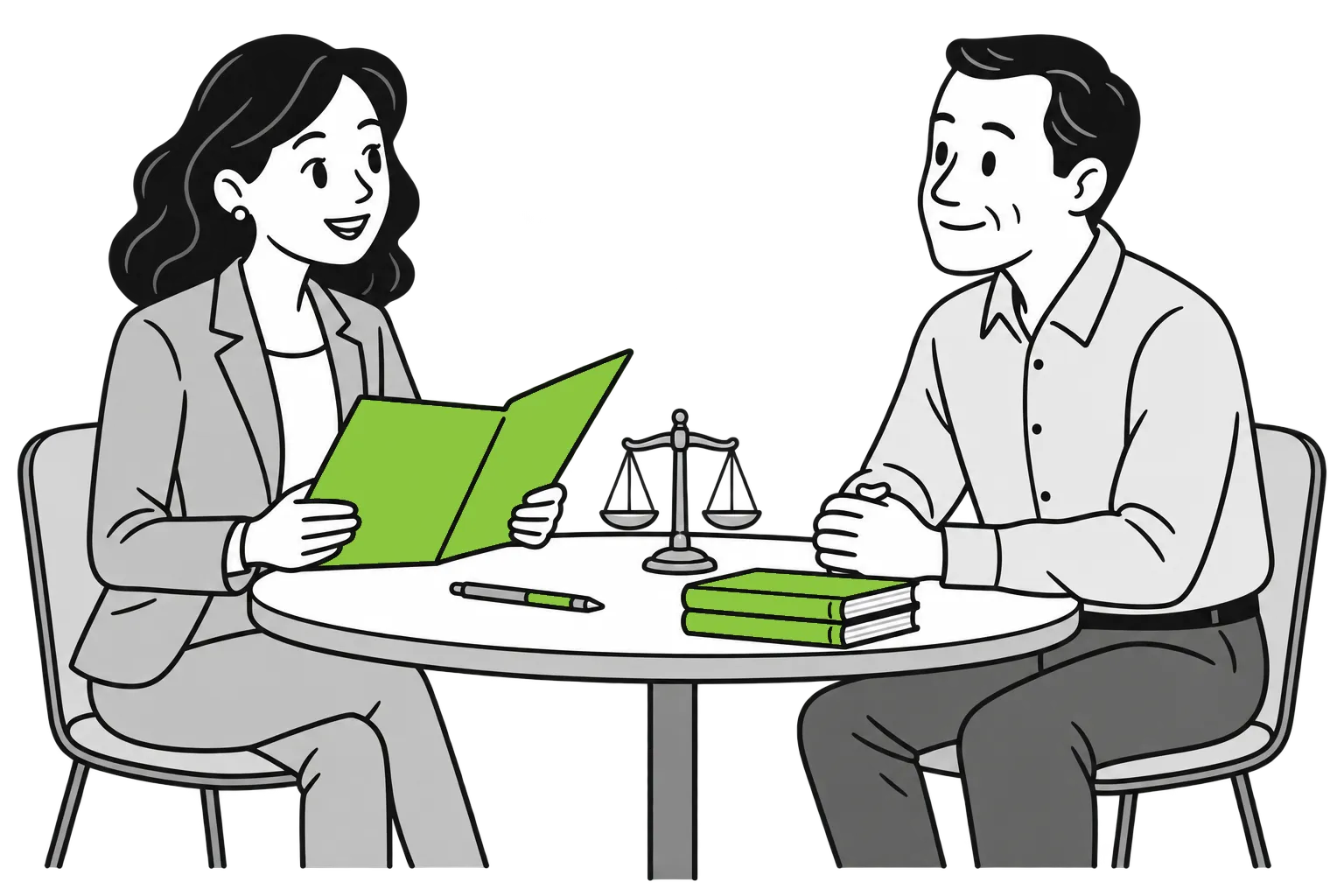 Illustration of an attorney meeting a client at a table, with a small scales of justice between them