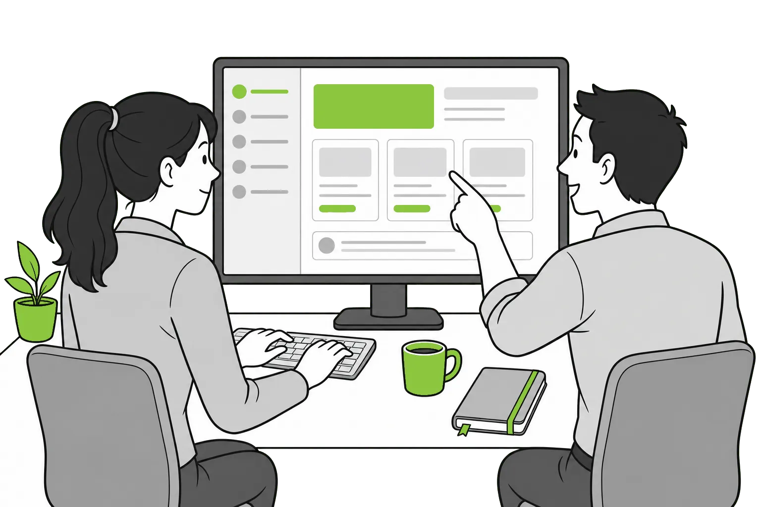 Illustration of two colleagues building a custom app on a large monitor