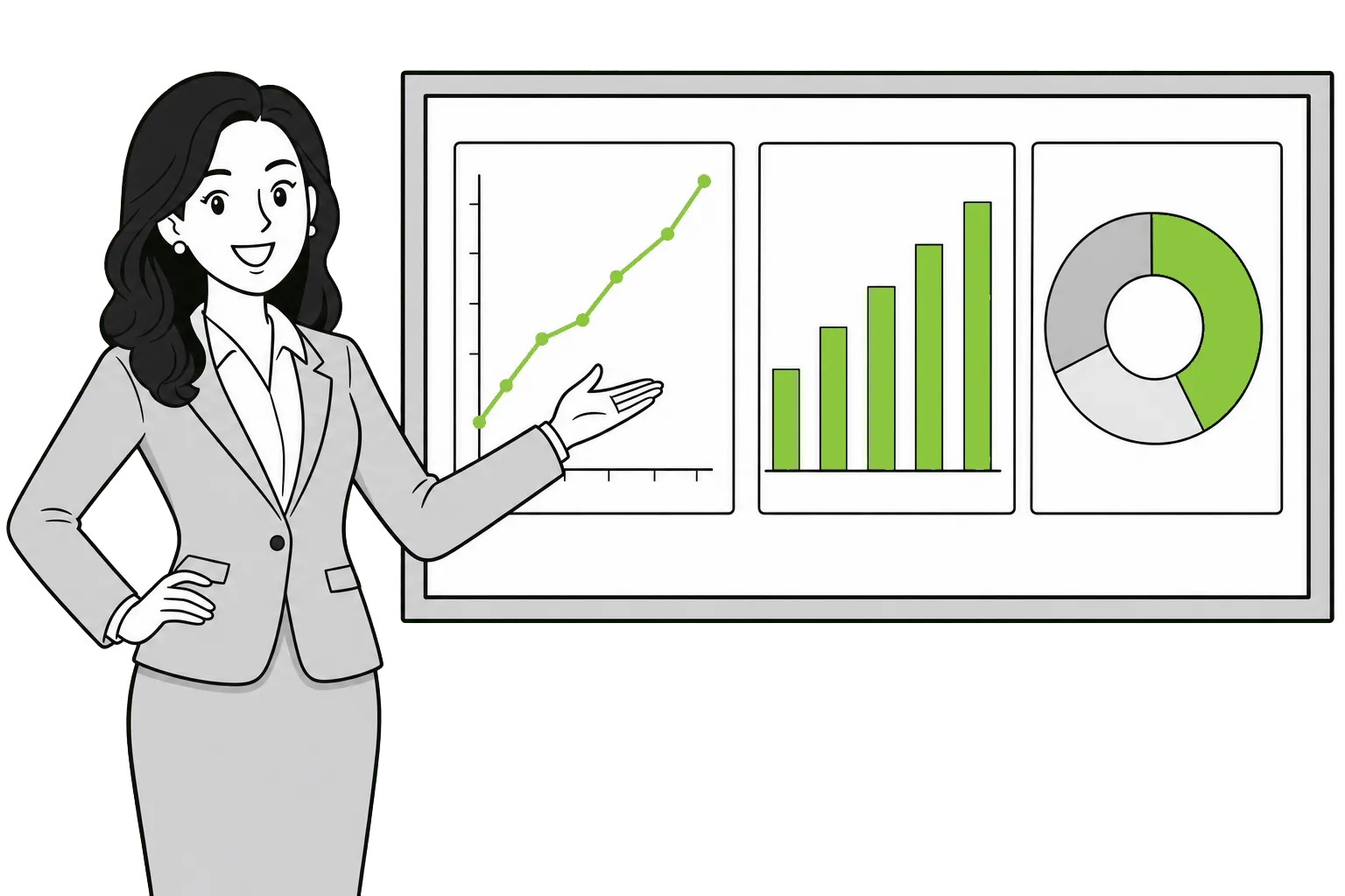 Illustration of a businesswoman presenting a dashboard of rising charts