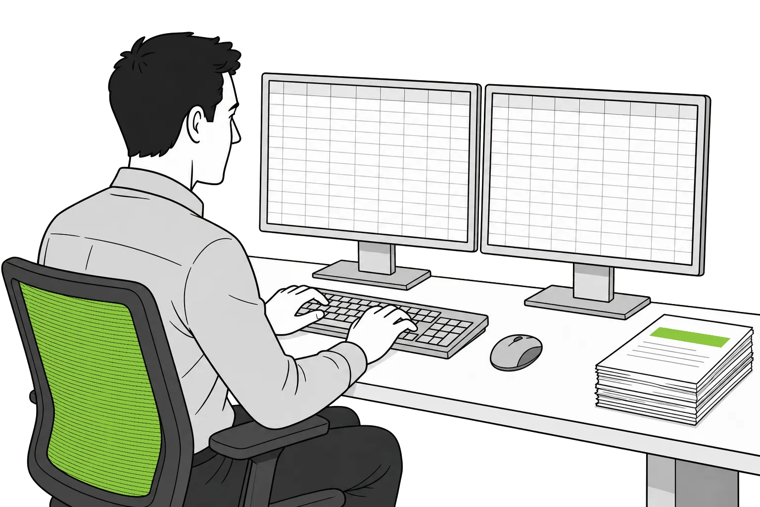 Illustration of a data entry specialist working at two monitors