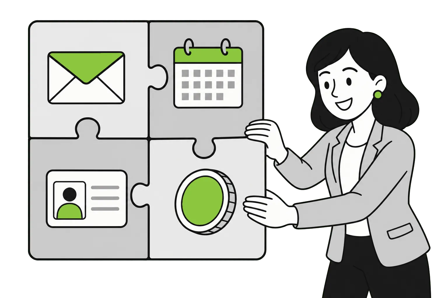 Illustration of puzzle pieces for email, calendar, contacts and payments fitting together
