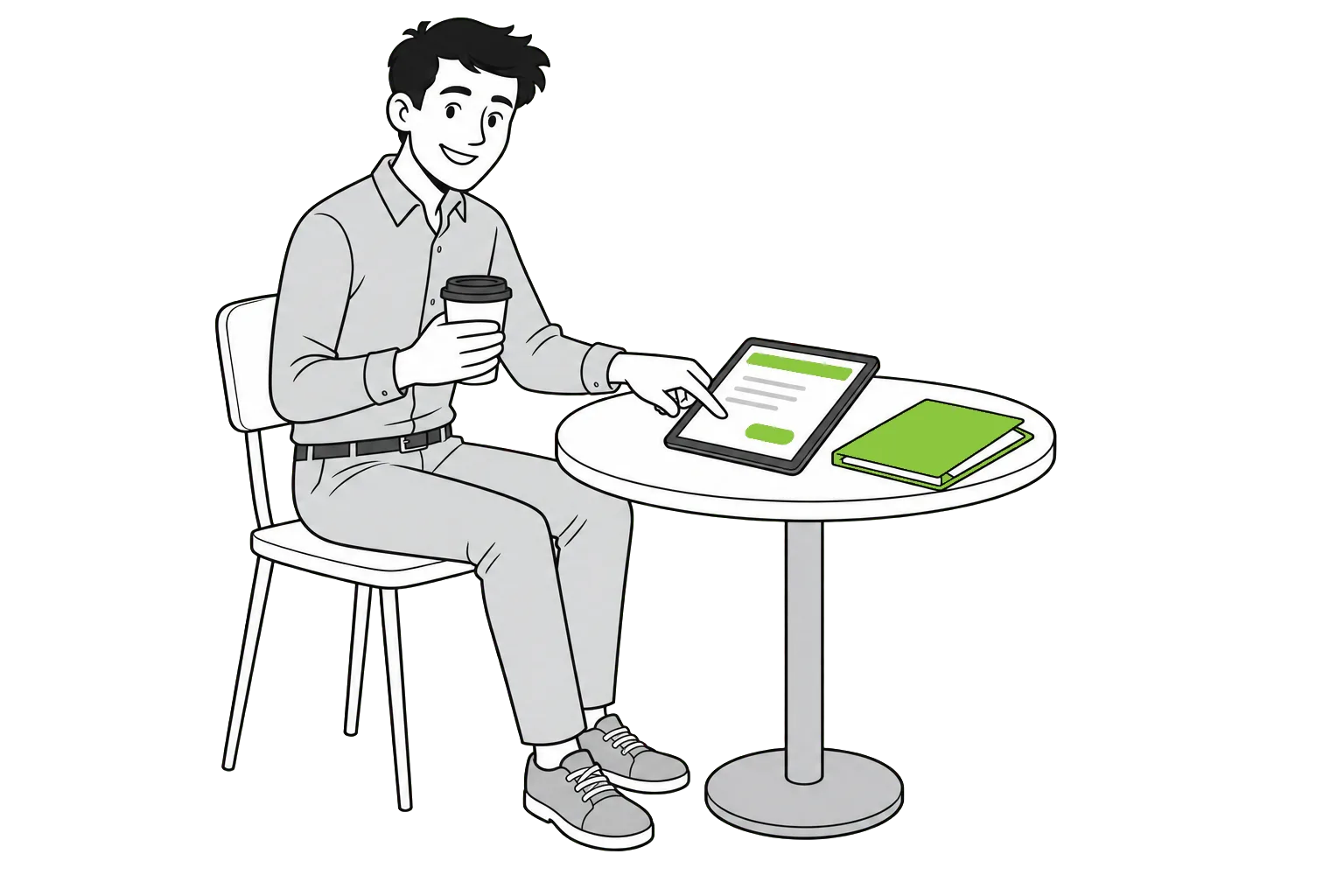 Illustration of a man at a café table tapping a job listing on a tablet, with a coffee and a green folder