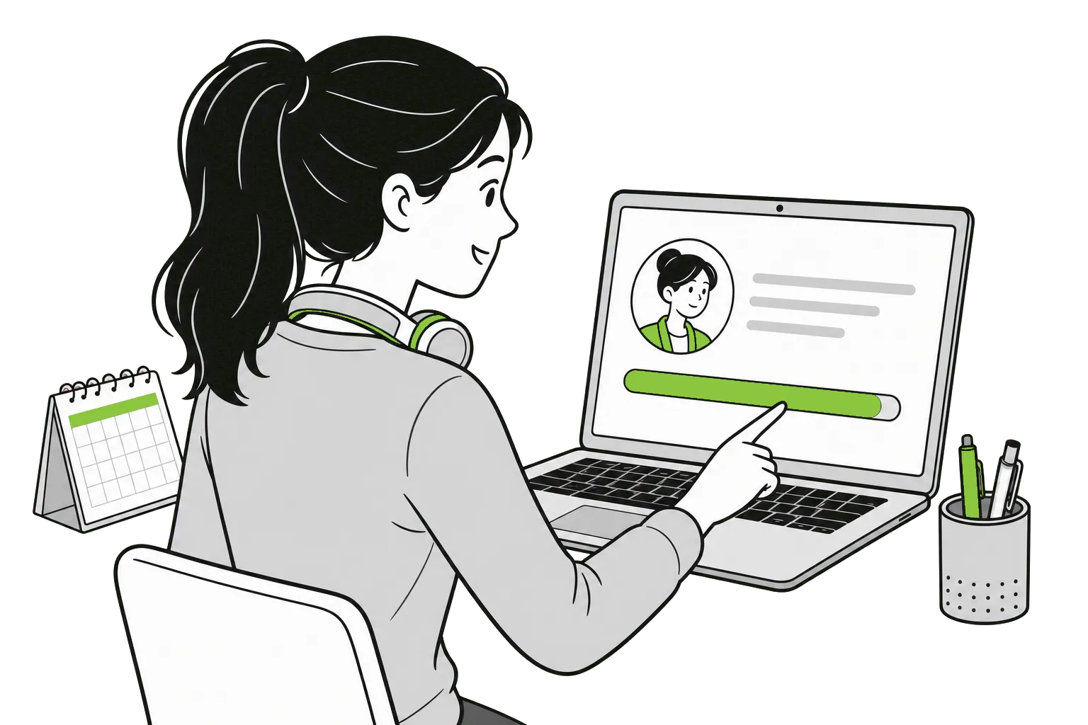 Illustration of a woman updating her profile on a laptop, with a nearly full progress bar