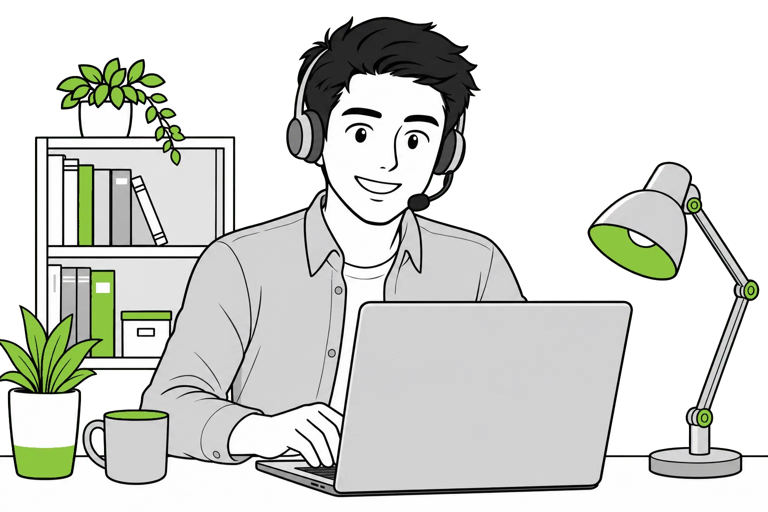 Illustration of a remote professional with a headset working from a home office