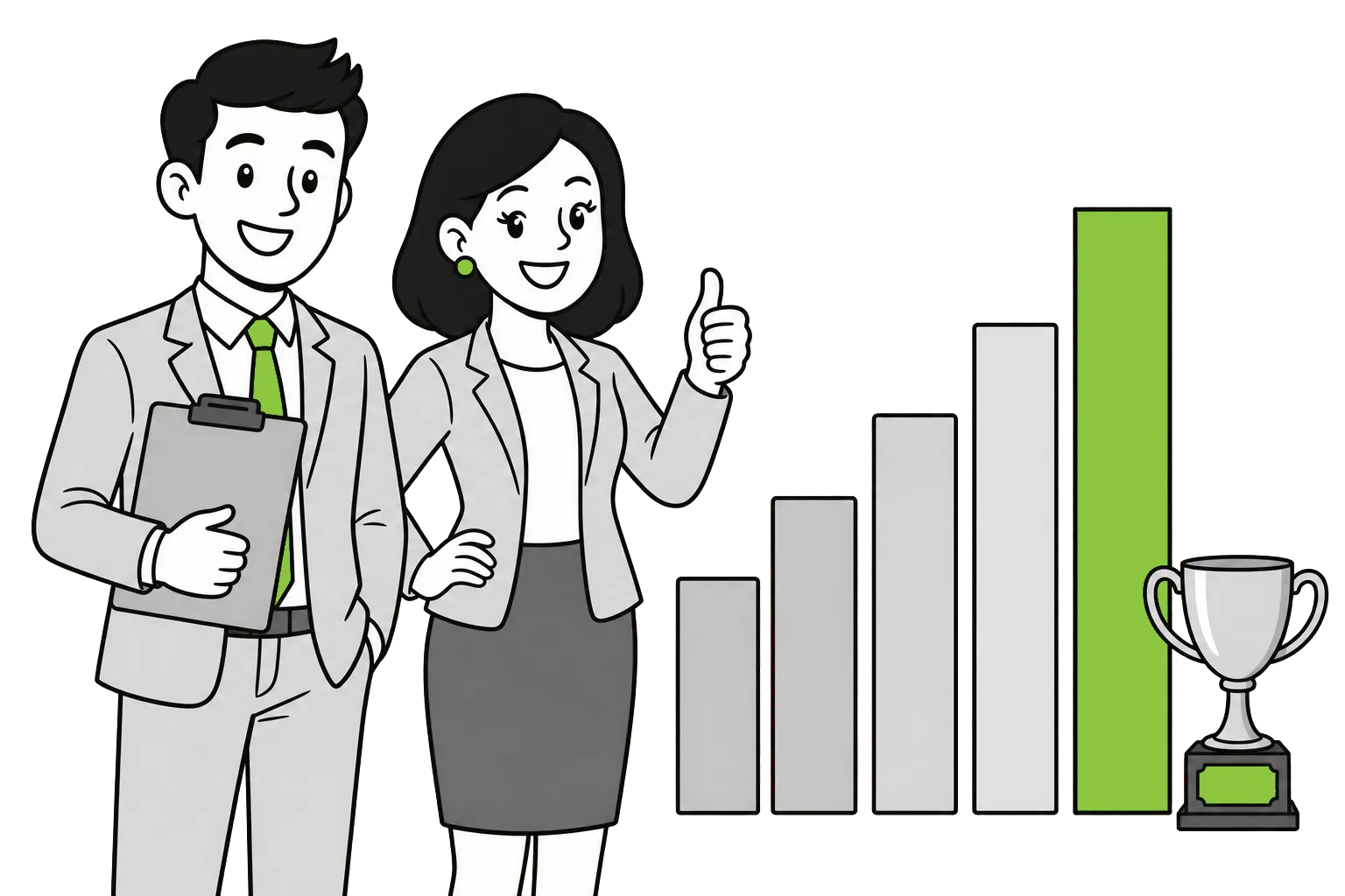Illustration of two colleagues celebrating beside a rising bar chart and a trophy