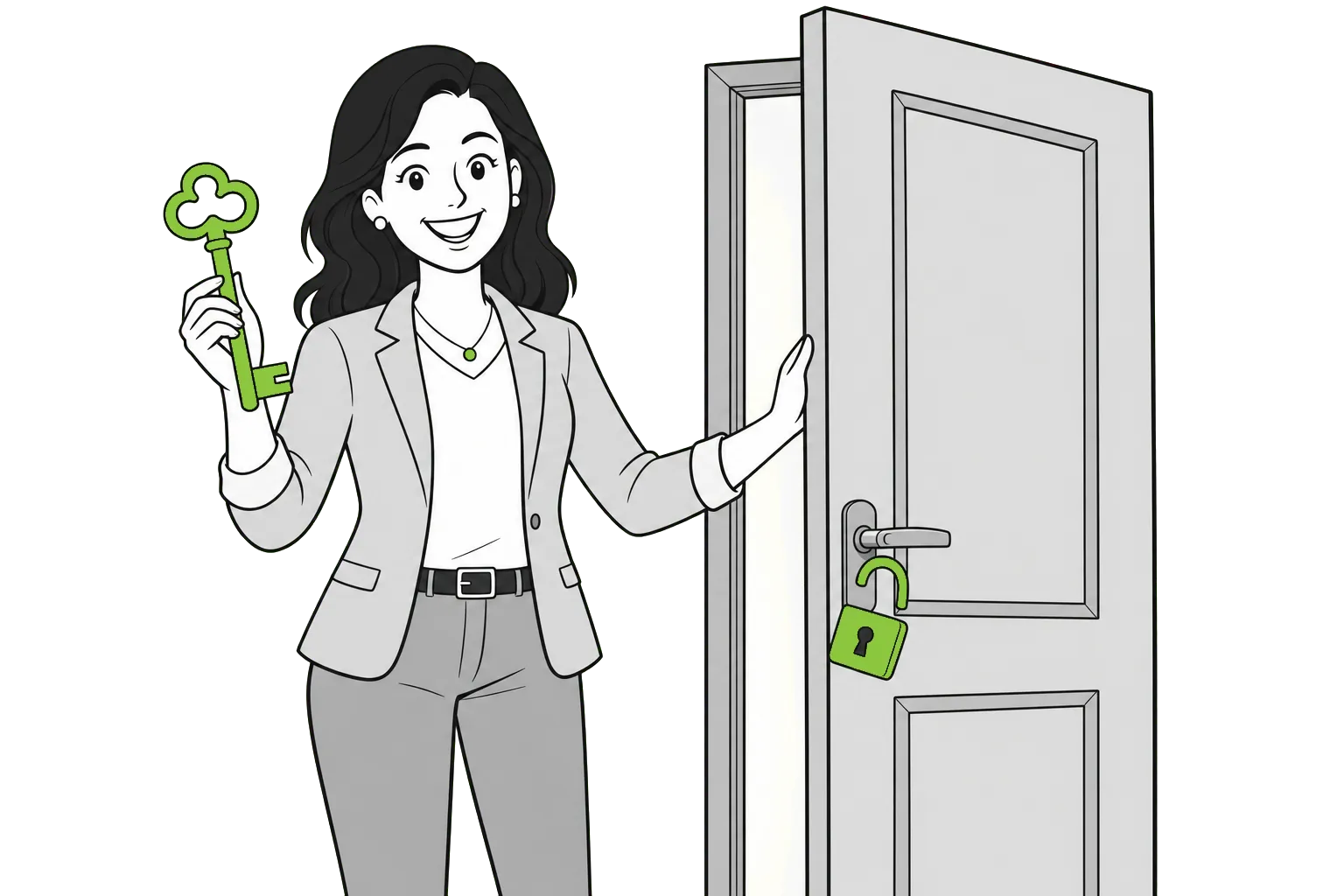 Illustration of a woman holding a green key beside an open door with an unlocked padlock