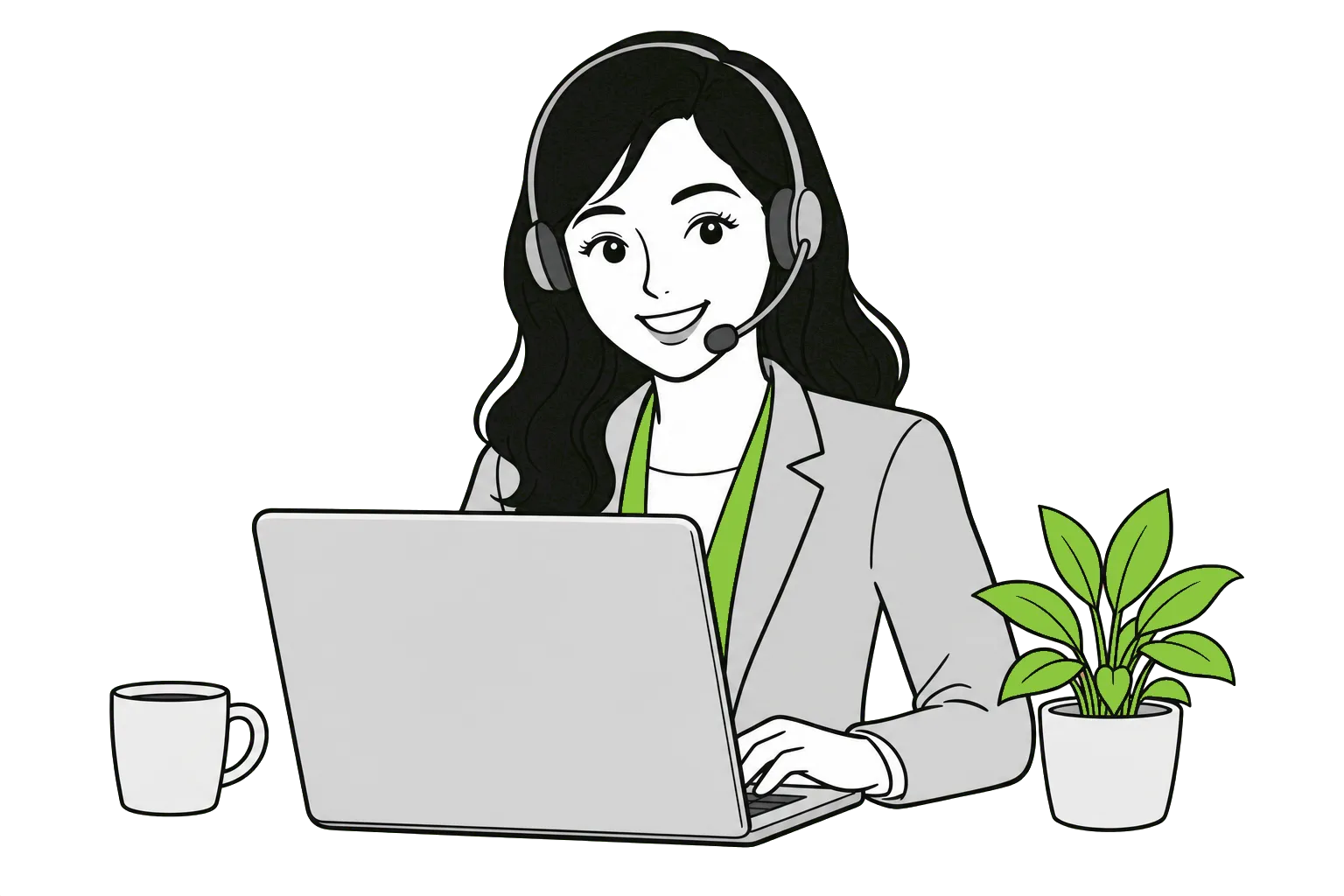 Illustration of a customer support agent with a headset working at a laptop
