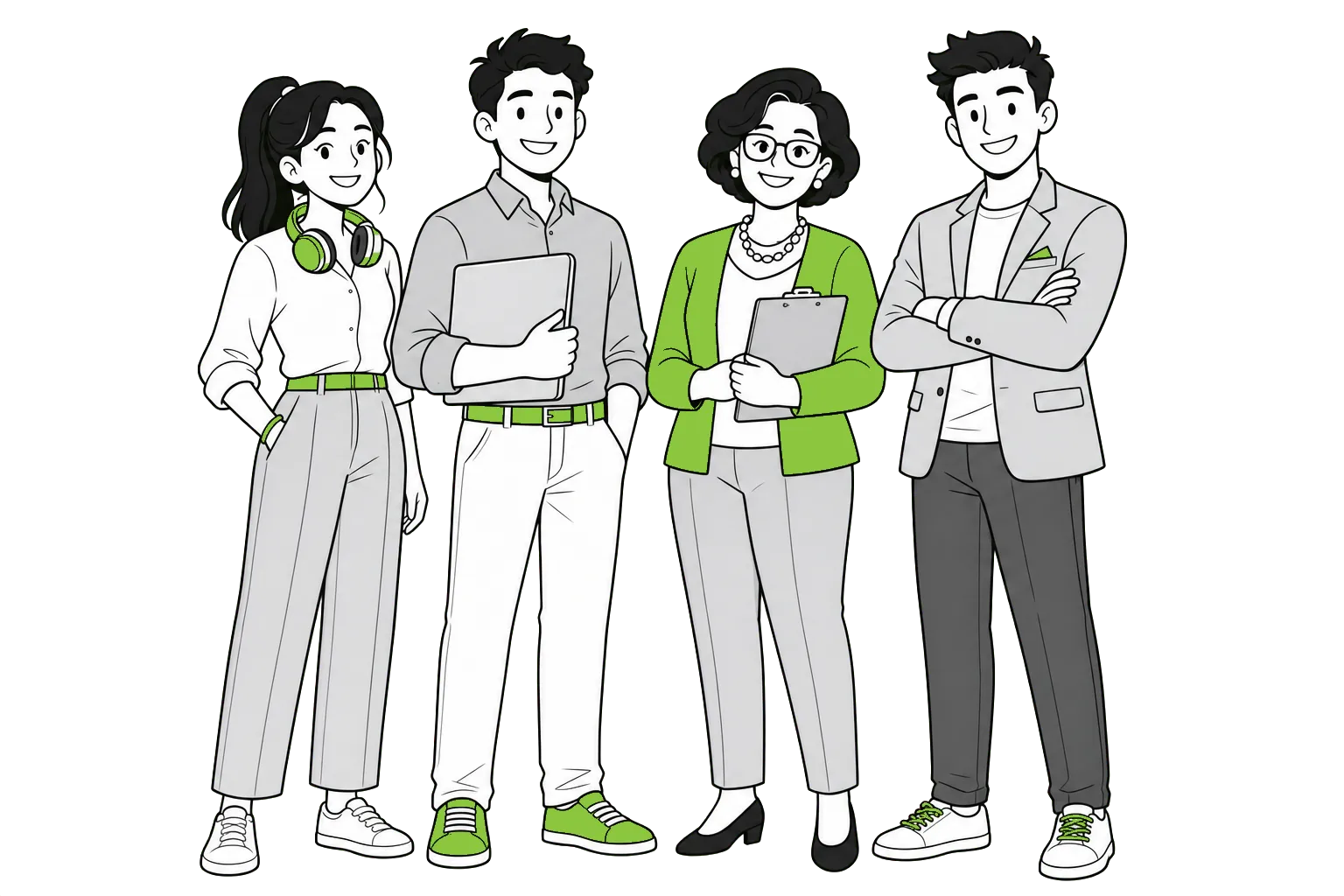 Illustration of four smiling colleagues standing together